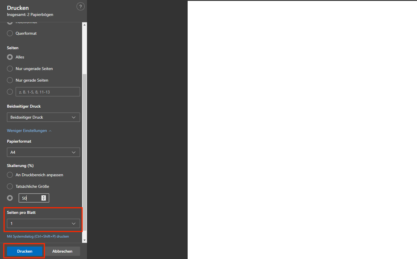 Mehrere Seiten auf ein Blatt in Microsoft Edge drucken
