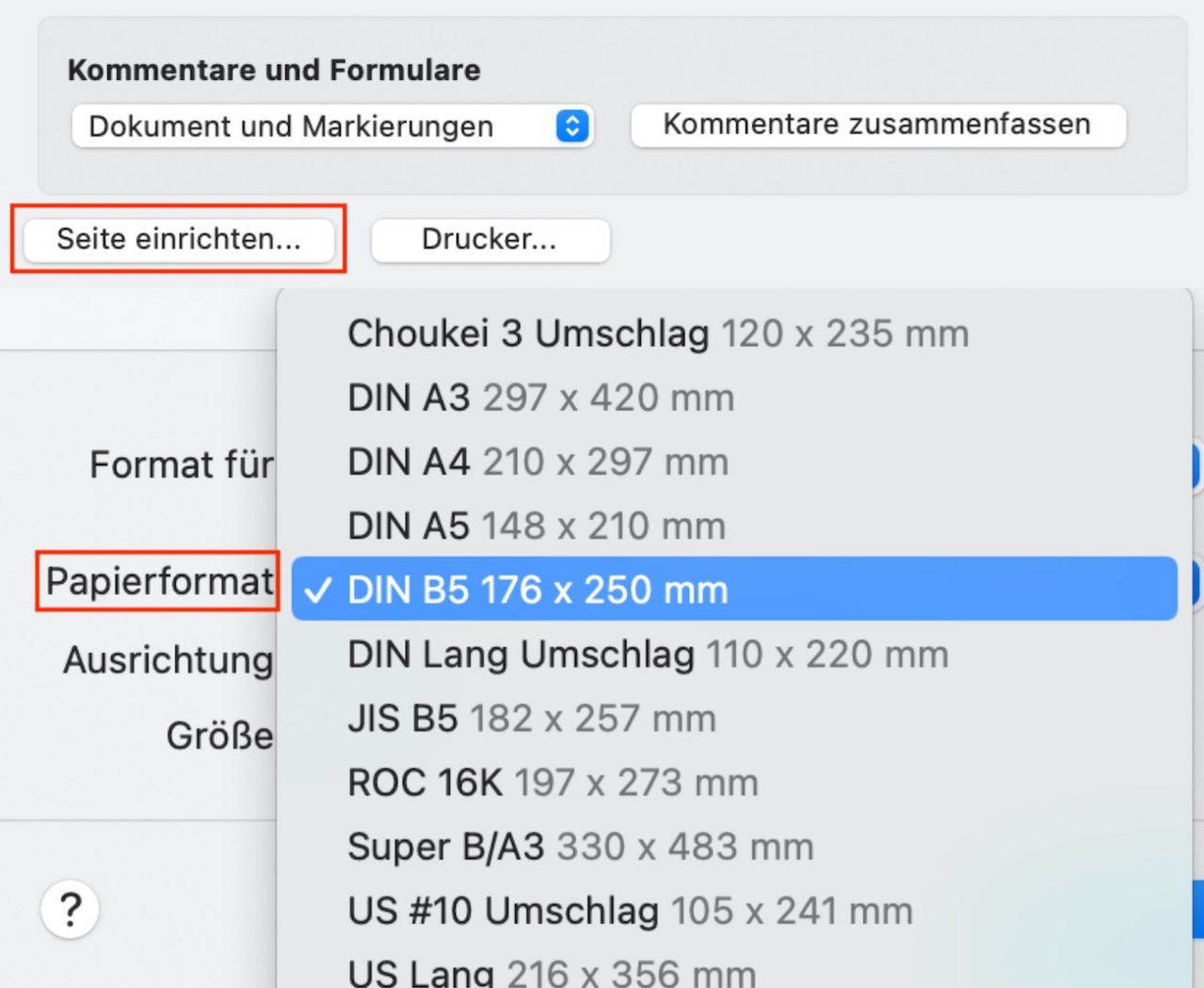Papierformat auswählen