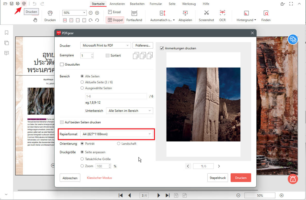 PDF per Druckeinstellung auf A4 skalieren