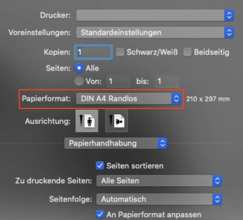 Randlosen Druck aktivieren