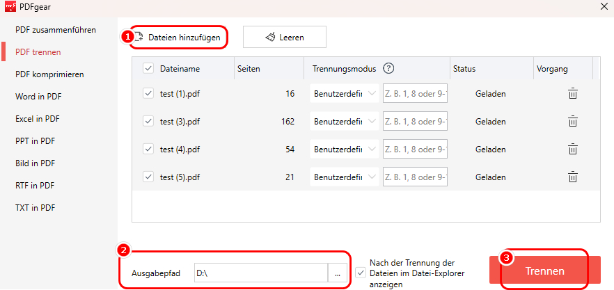 Einige PDF-Dateien in mehrere Dateien aufteilen