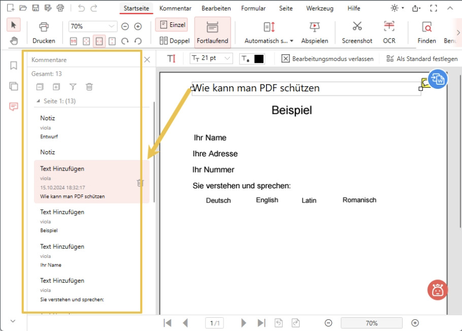 Änderungen als Kommentare anzeigen