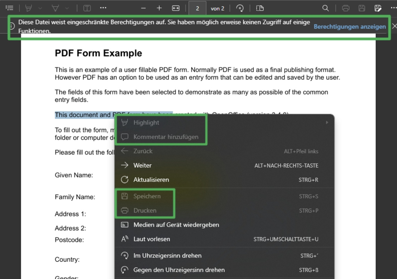 Berechtigungen der PDF prüfen