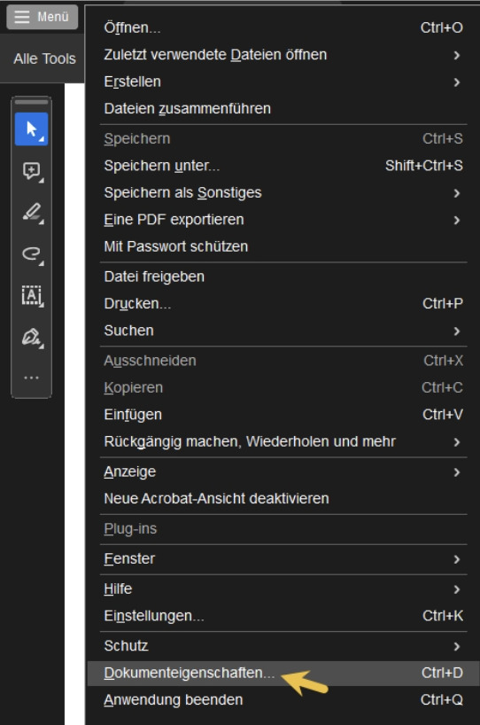 Dokumenteigenschaften wählen