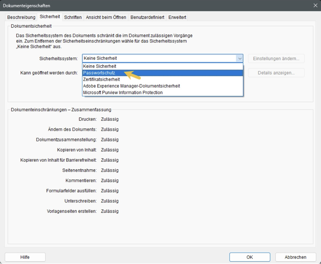 Passwortschutz festlegen