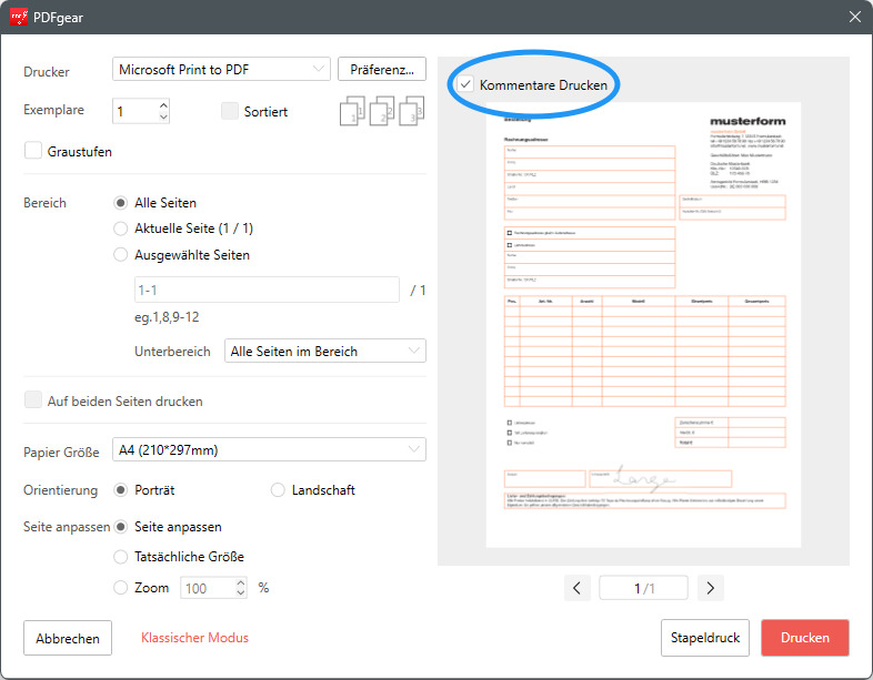 PDF mit Kommentaren drucken