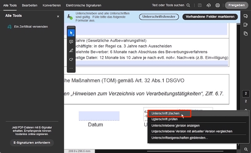 Unterschrift in Adobe Acrobat Pro löschen