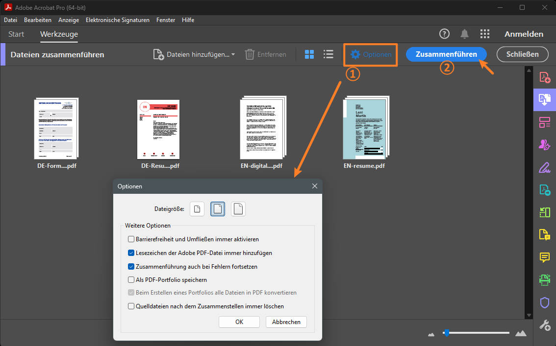 Zusammenfuehrungsoptionen von Adobe Acrobat
