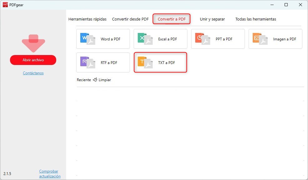 Abrir el Convertidor de TXT a PDF de PDFgear