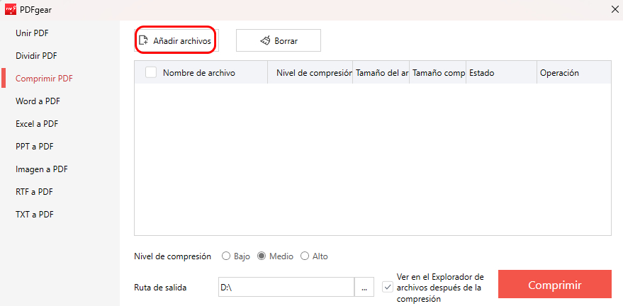 Añadir Archivos PDF para Comprimir