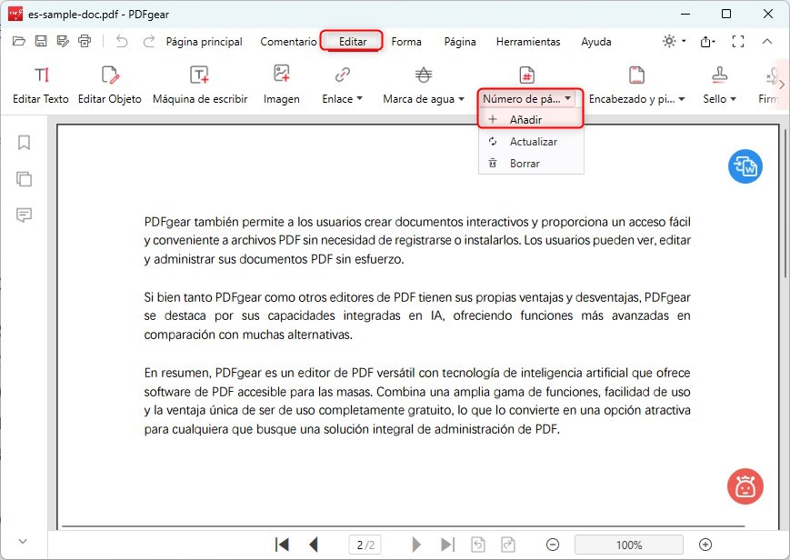 Añadir Números de Página en Modo de Edición