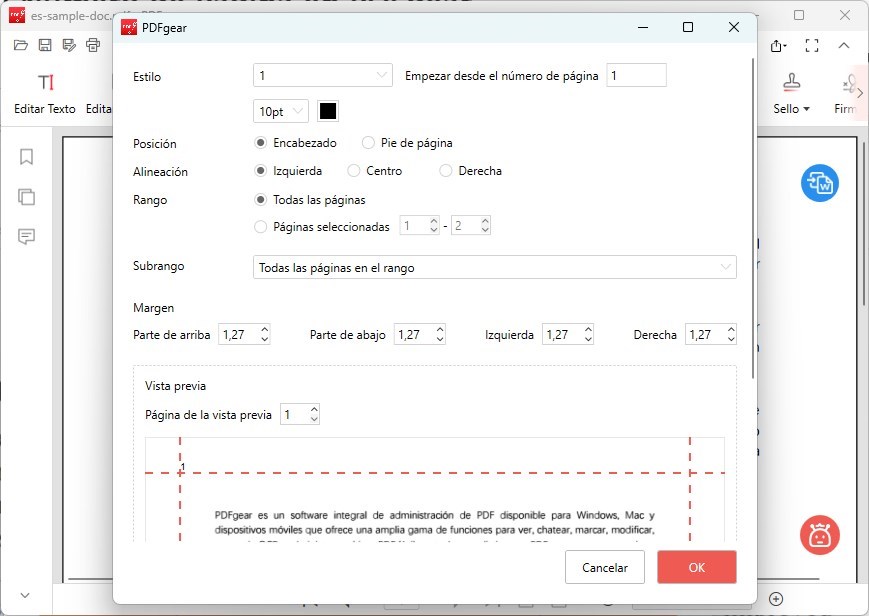 Configurar Parámetros de Números de Página
