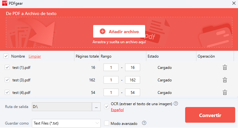 Convertir PDF a Texto en PDFgear