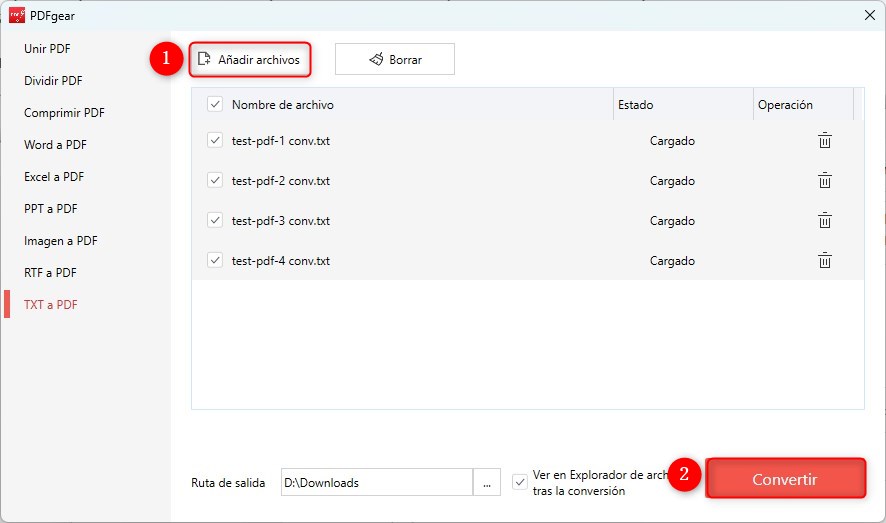 Convierte archivos TXT a PDF con PDFgear