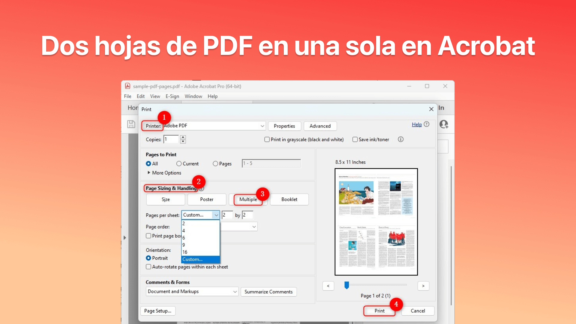 Dos hojas de PDF en una sola en Acrobat