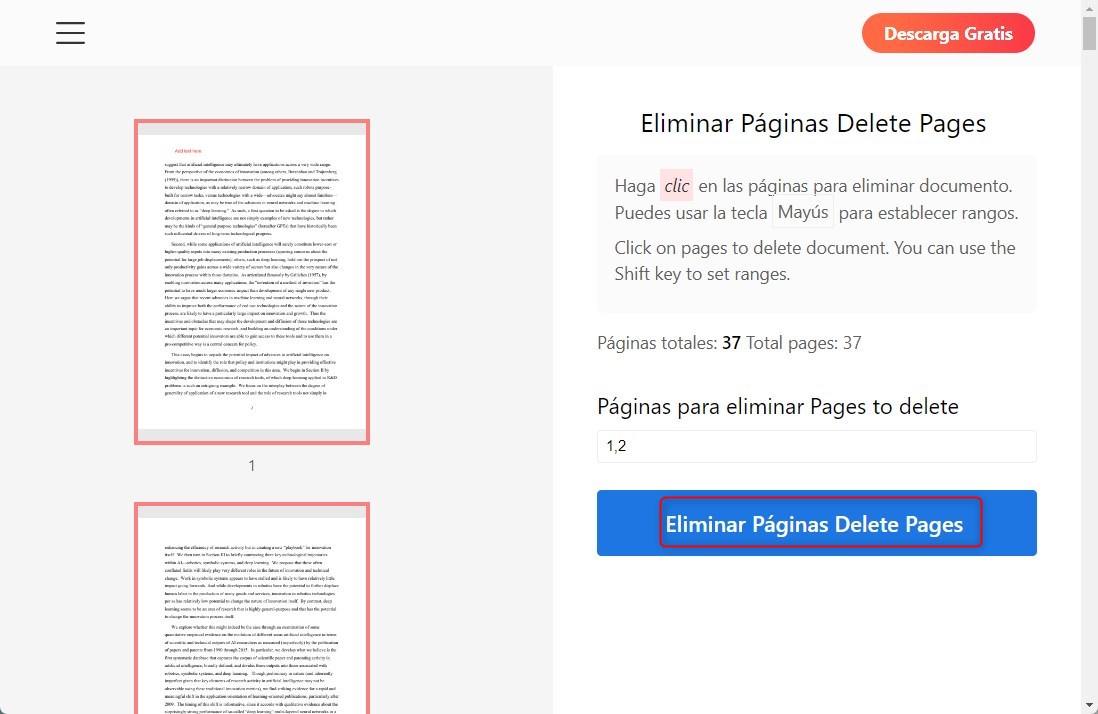 Eliminar las Páginas del PDF en Línea
