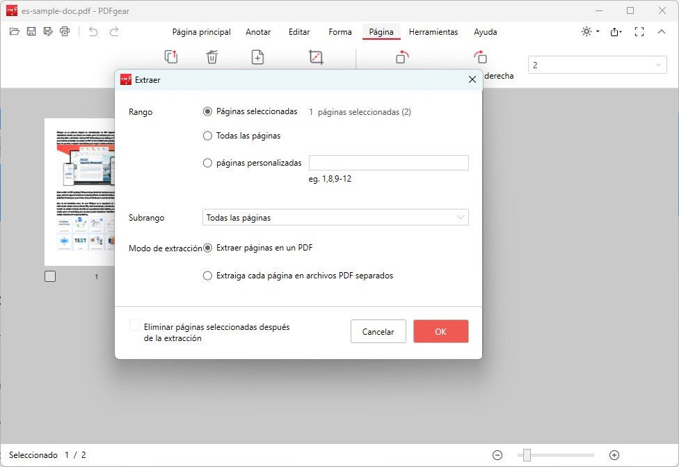 Extraer Páginas de un PDF con PDFgear