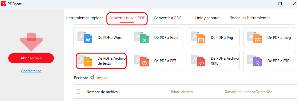 Convertidor de PDF a Texto en PDFgear