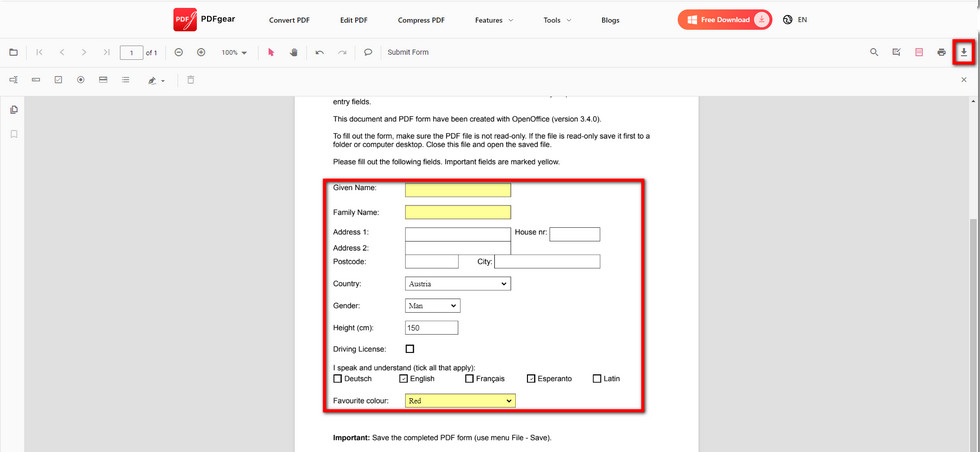 Descargar el PDF Rellenable de PDFgear