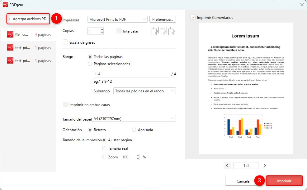 Impresión por lotes en PDFgear