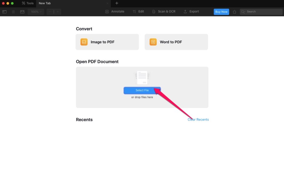 Opción de seleccionar archivos en PDFexpert