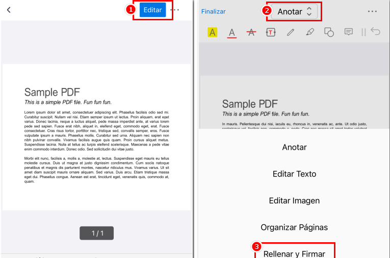 Navegar al botón Rellenar y firmar
