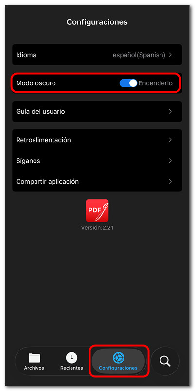 Activar el Modo oscuro en PDFgear para iOS