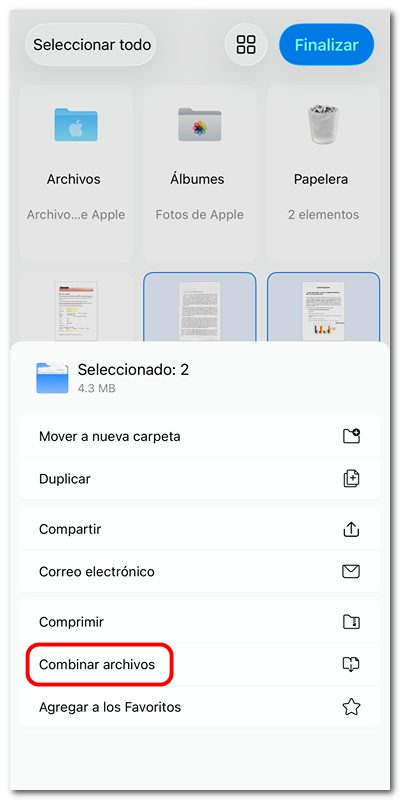 Combinar archivos PDF en PDFgear para iOS