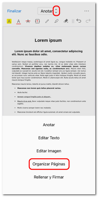 Entrar en el modo organizar páginas