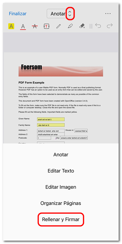 Entrar en el modo rellenar y firmar