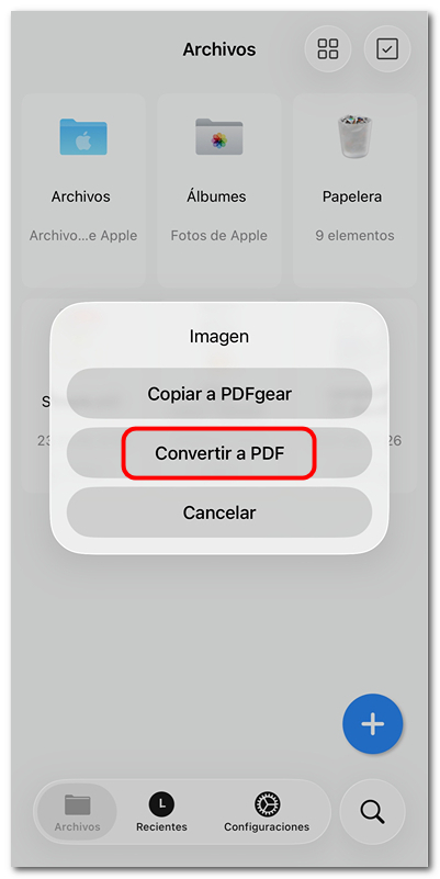 Escoger convertir imagen a PDF en iOS
