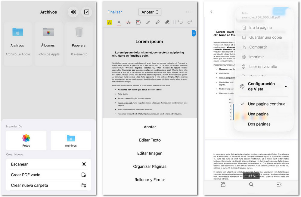 Interfaz de PDFgear para iOS