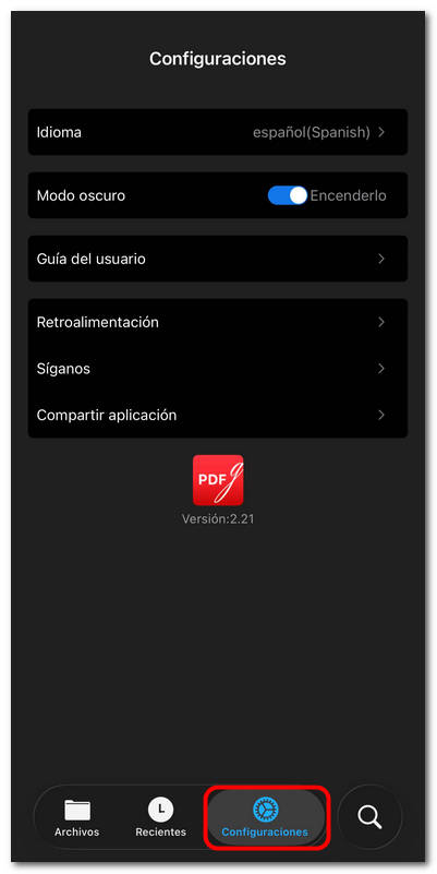 Pestaña Ajustes de PDFgear para iOS