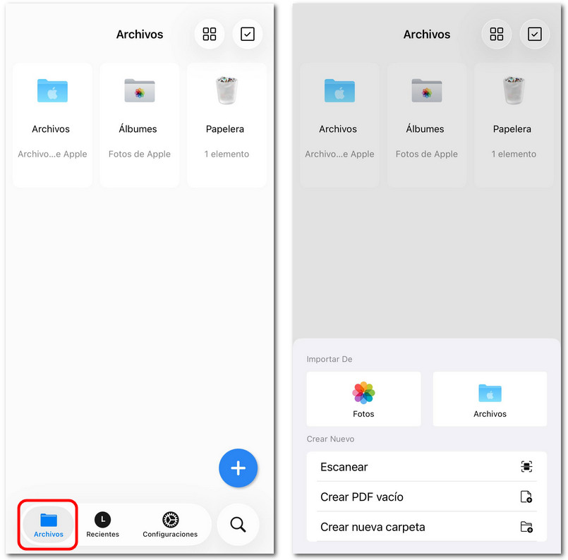 Pestaña Archivos de PDFgear para iOS