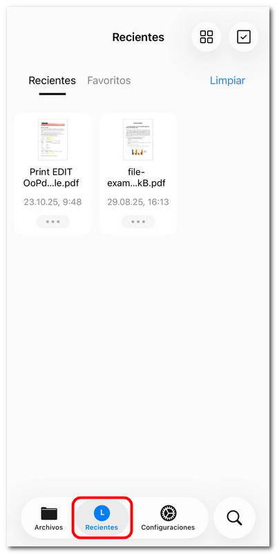 Pestaña Recientes de PDFgear para iOS
