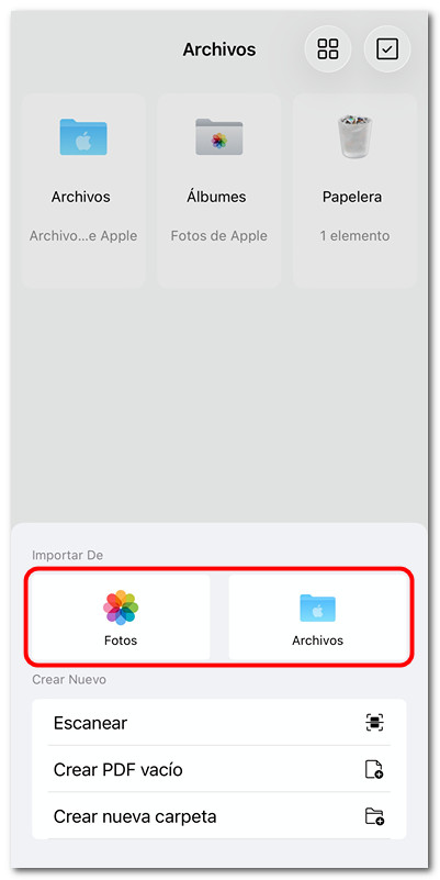 Seleccionar archivo para importar desde Fotos o Archivos
