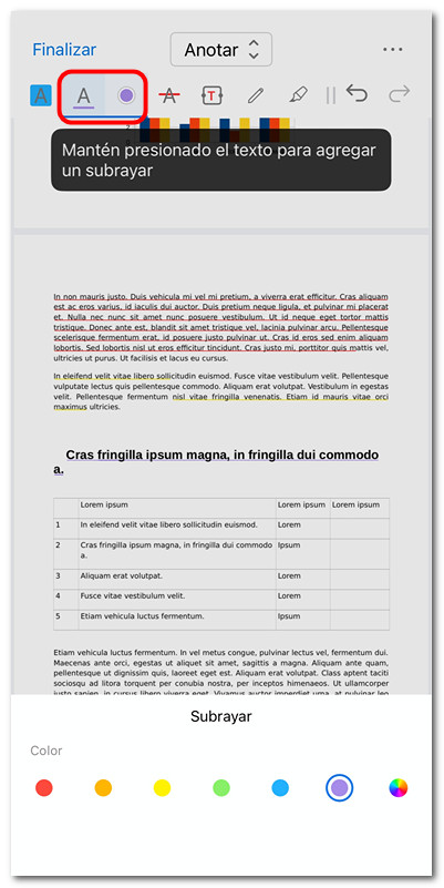Subrayar texto en PDF en iOS