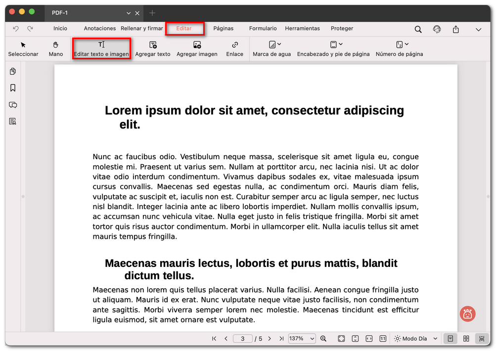 Abrir el modo de edición de texto