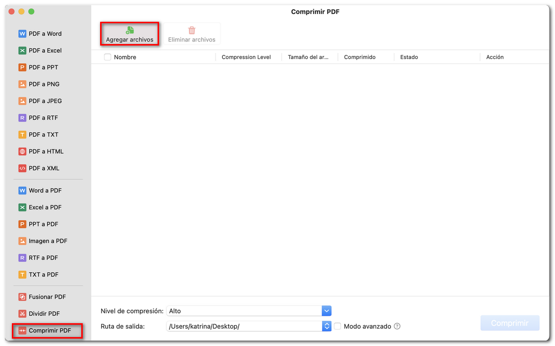 Añadir archivos PDF al compresor