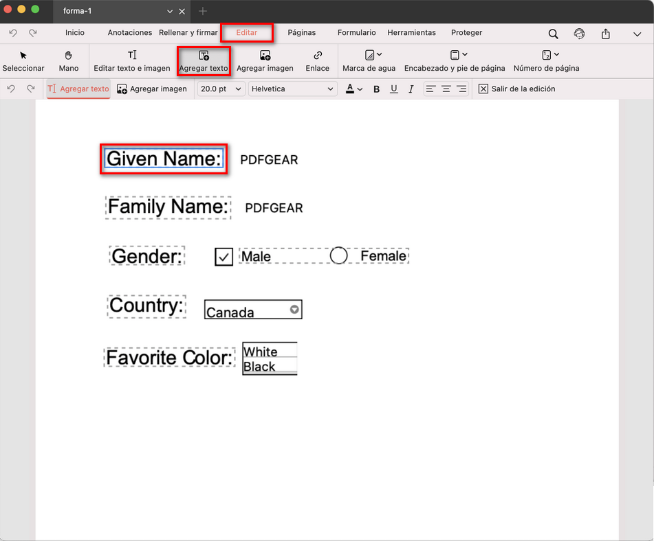 Añadir etiquetas al formulario PDF