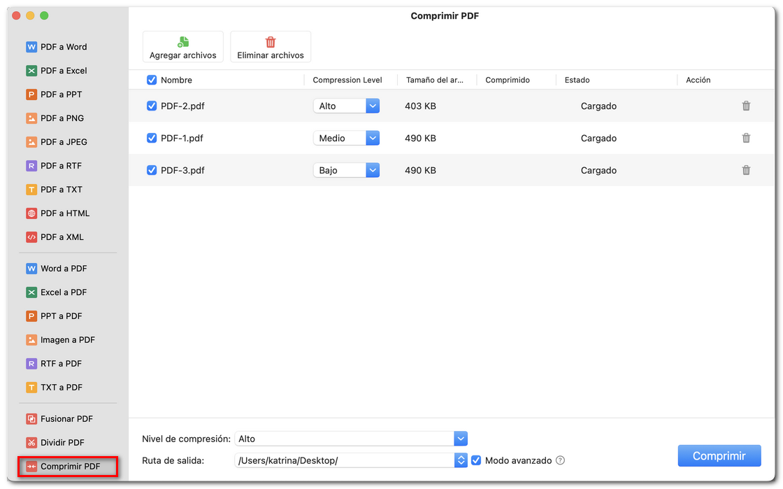 Comprimir archivos PDF por lotes