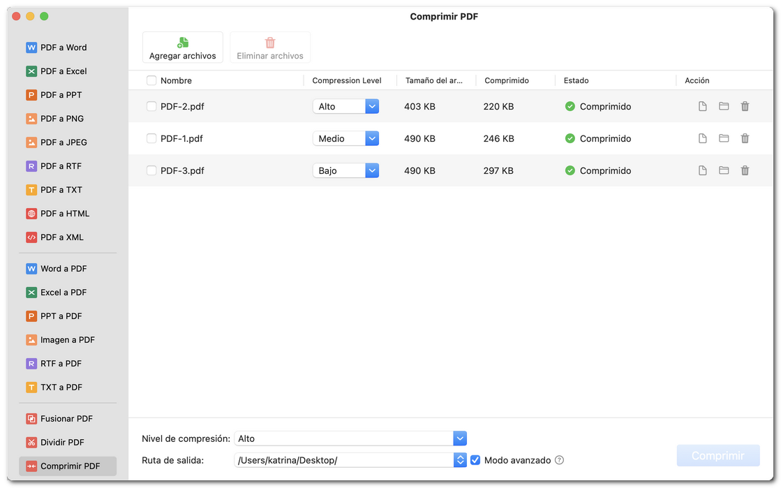 Comprobar la configuración de compresión de PDF
