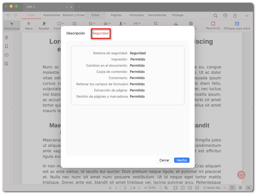 Comprobar la seguridad del PDF