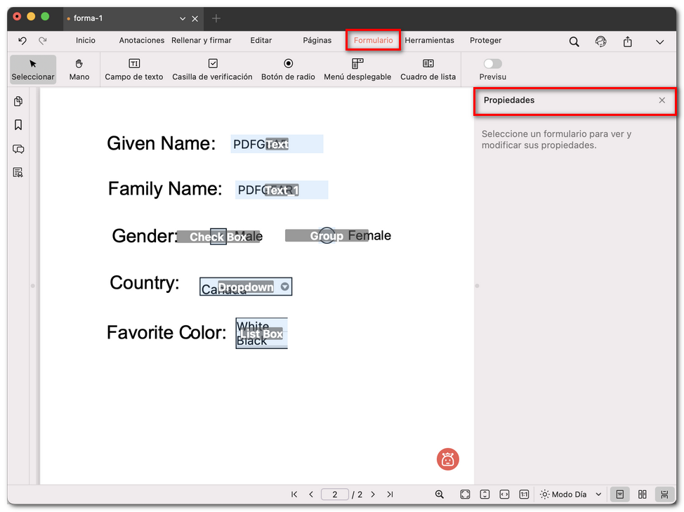 Comprobar las propiedades del formulario