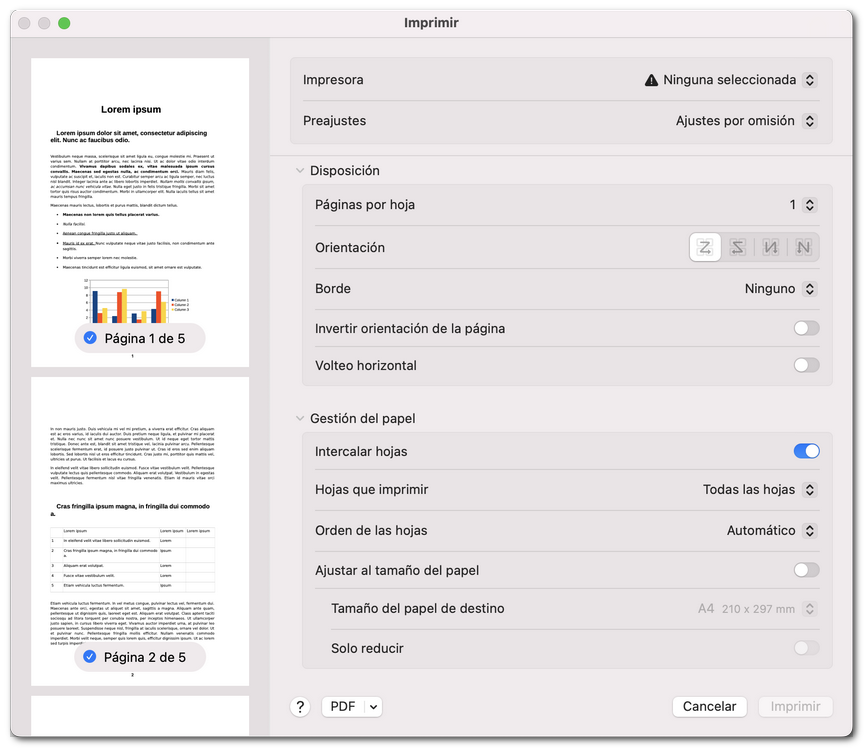 Configurar las opciones de diseño de impresión