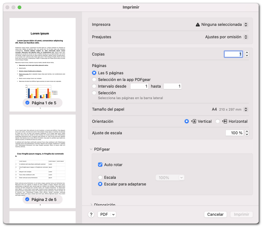 Configurar las opciones de páginas de impresión