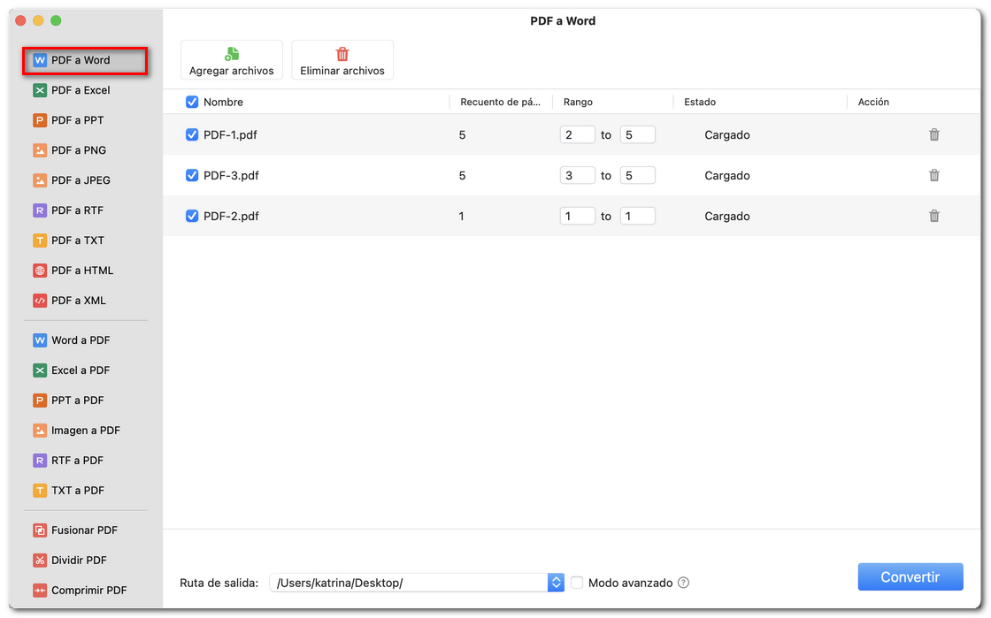 Conversión por lotes de archivos PDF