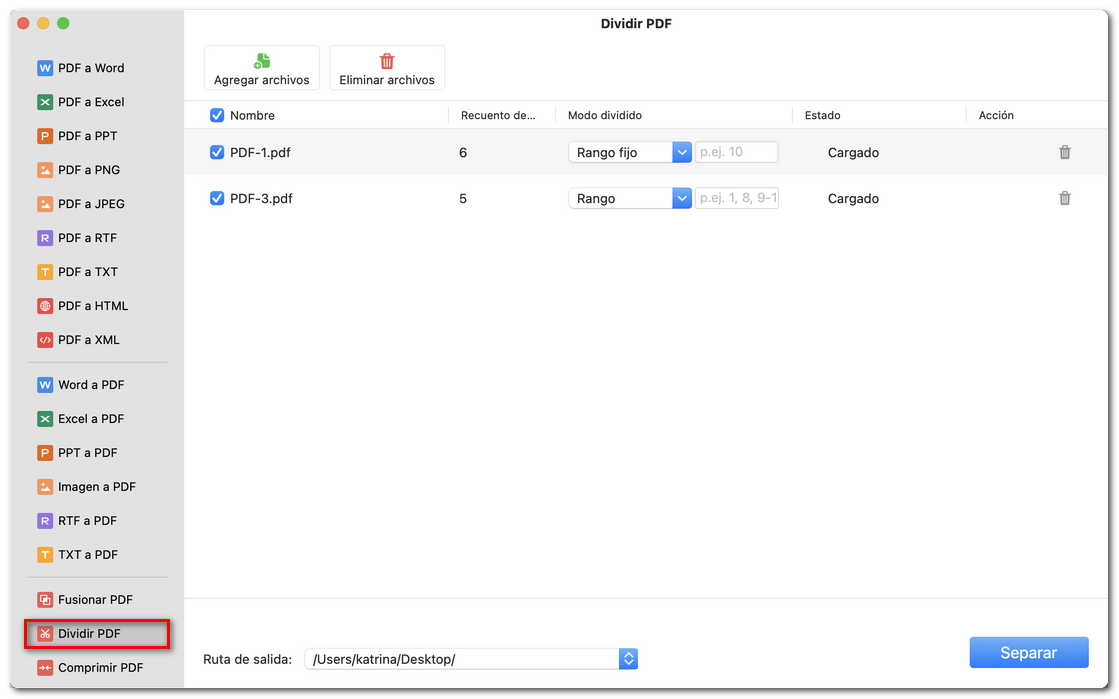 Dividir páginas PDF por lotes