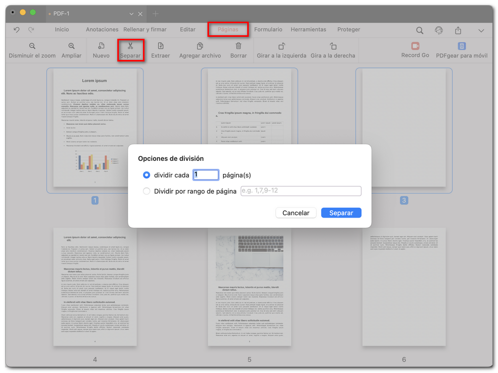 Dividir páginas PDF