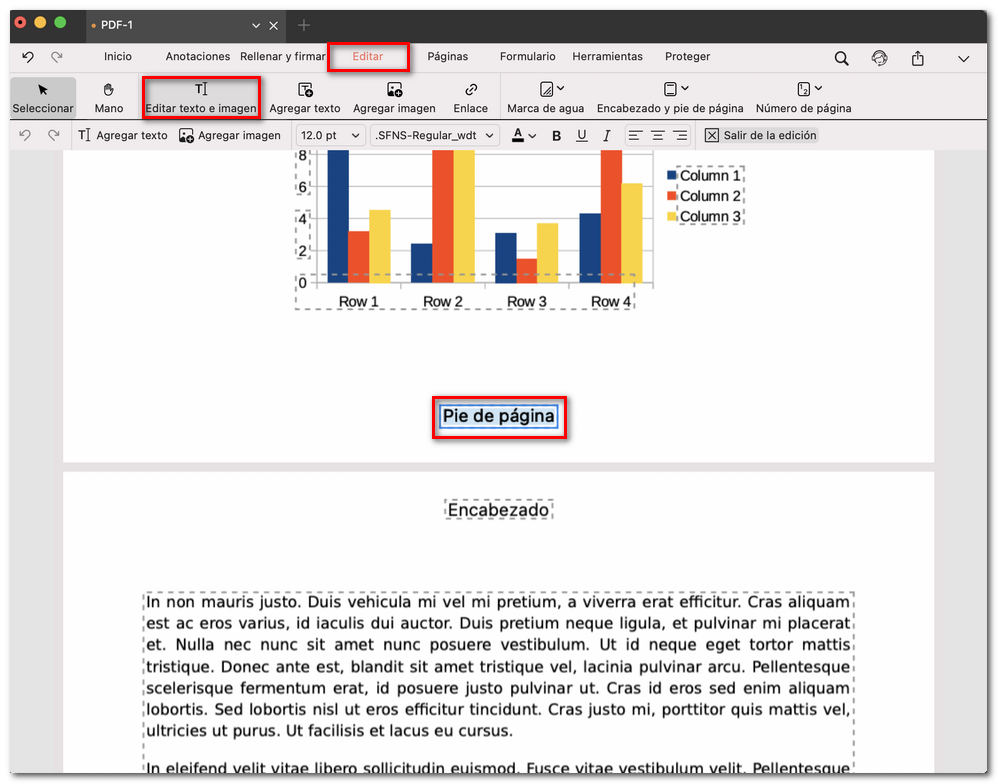 Editar el encabezado y pie de página